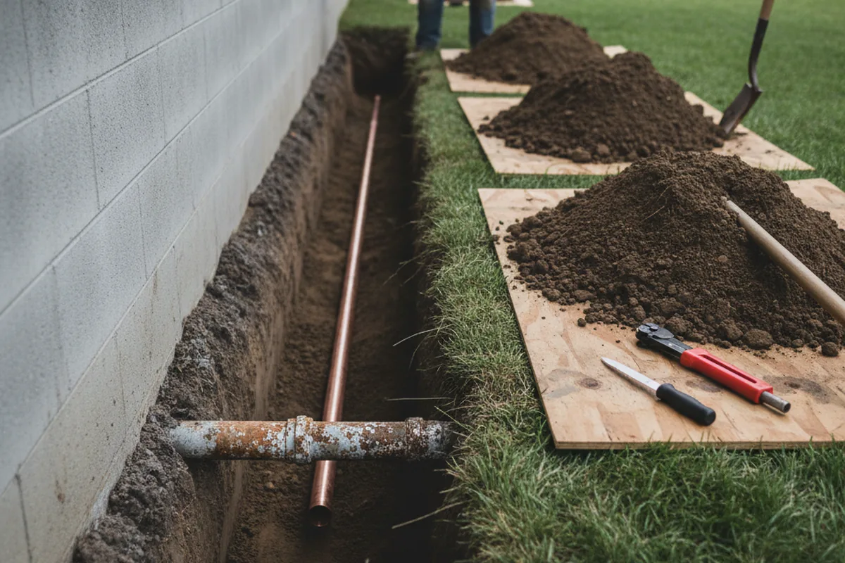 Excavated water line trench during Water Heater Repair in Ivor